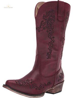 Faux Leather Western Snip Toe Pull On Mid-Calf Boots Embroidered